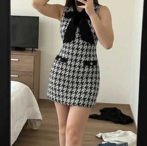Elegant Black and White Houndstooth Mini Dress